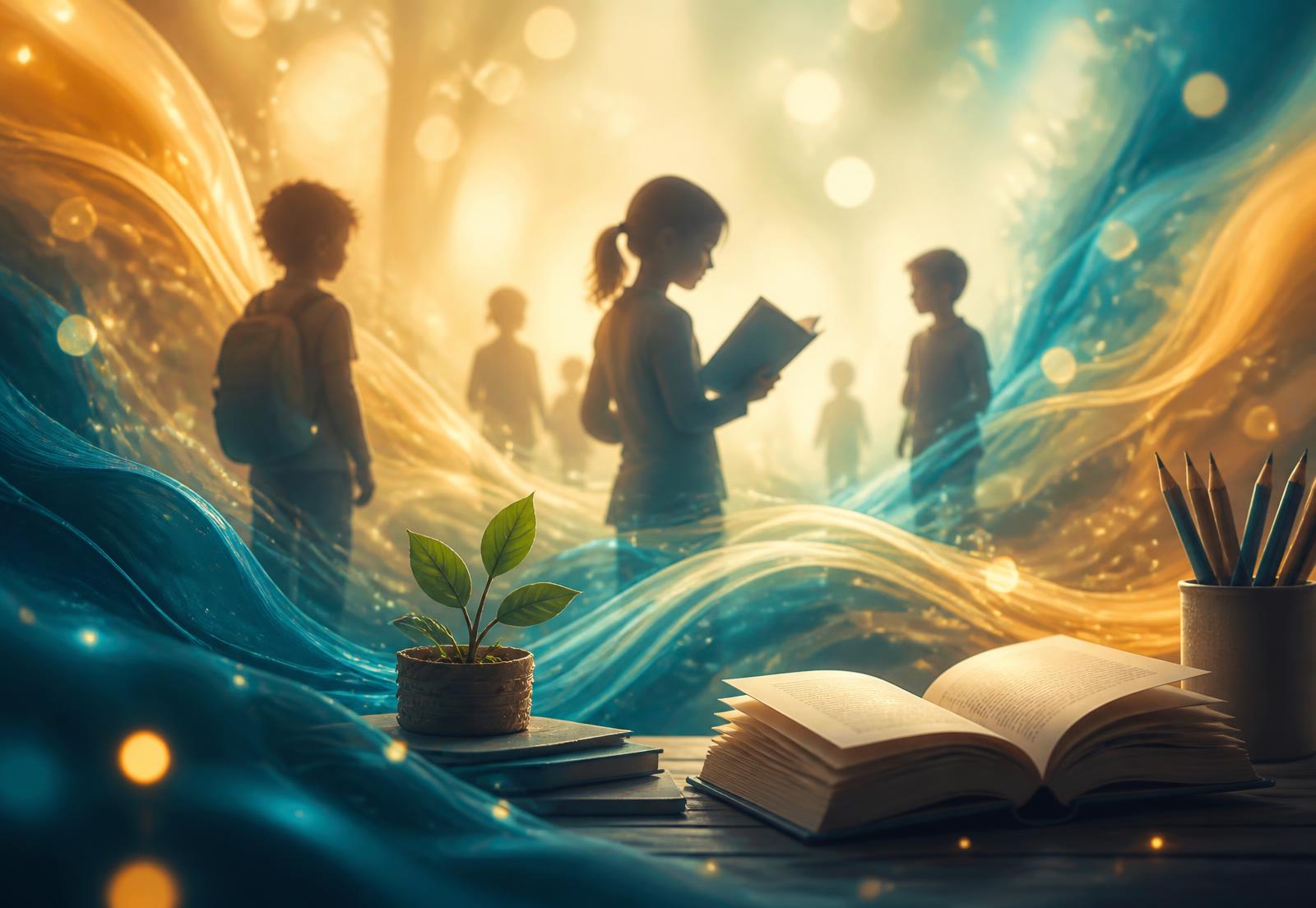 Soulful, glowing scene of students learning with flowing light and open books